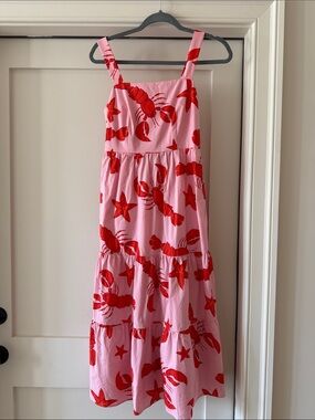 J. Crew Pink Midi Dress with Red Lobster Print
